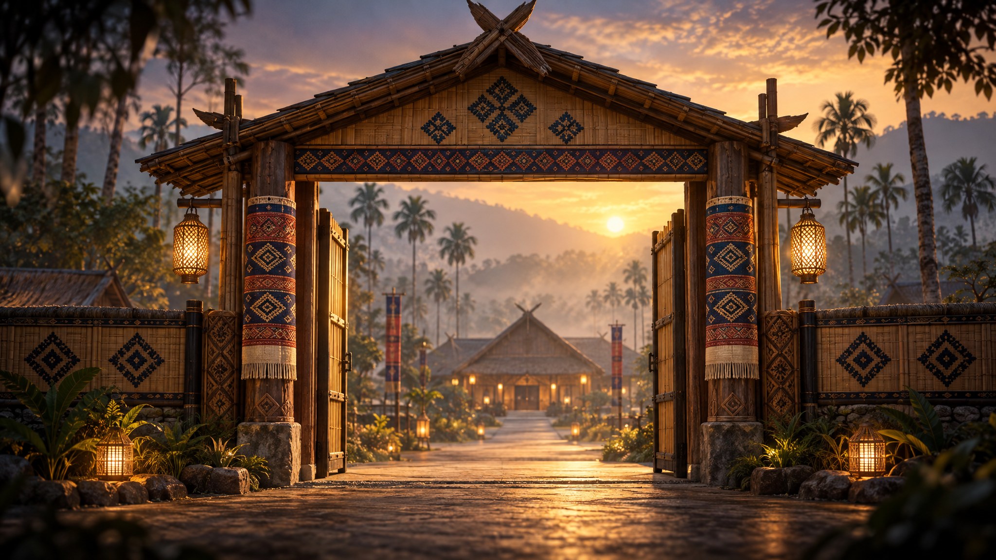Conceptual artwork of a welcoming traditional Bodo heritage gateway at golden hour